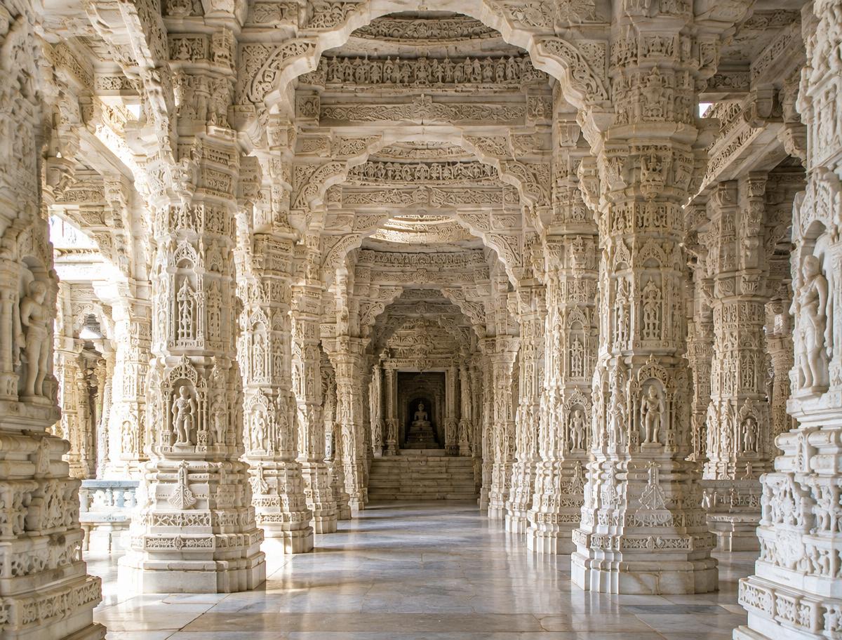 Intricately carved marble columns inside Ranakpur Jain Temple